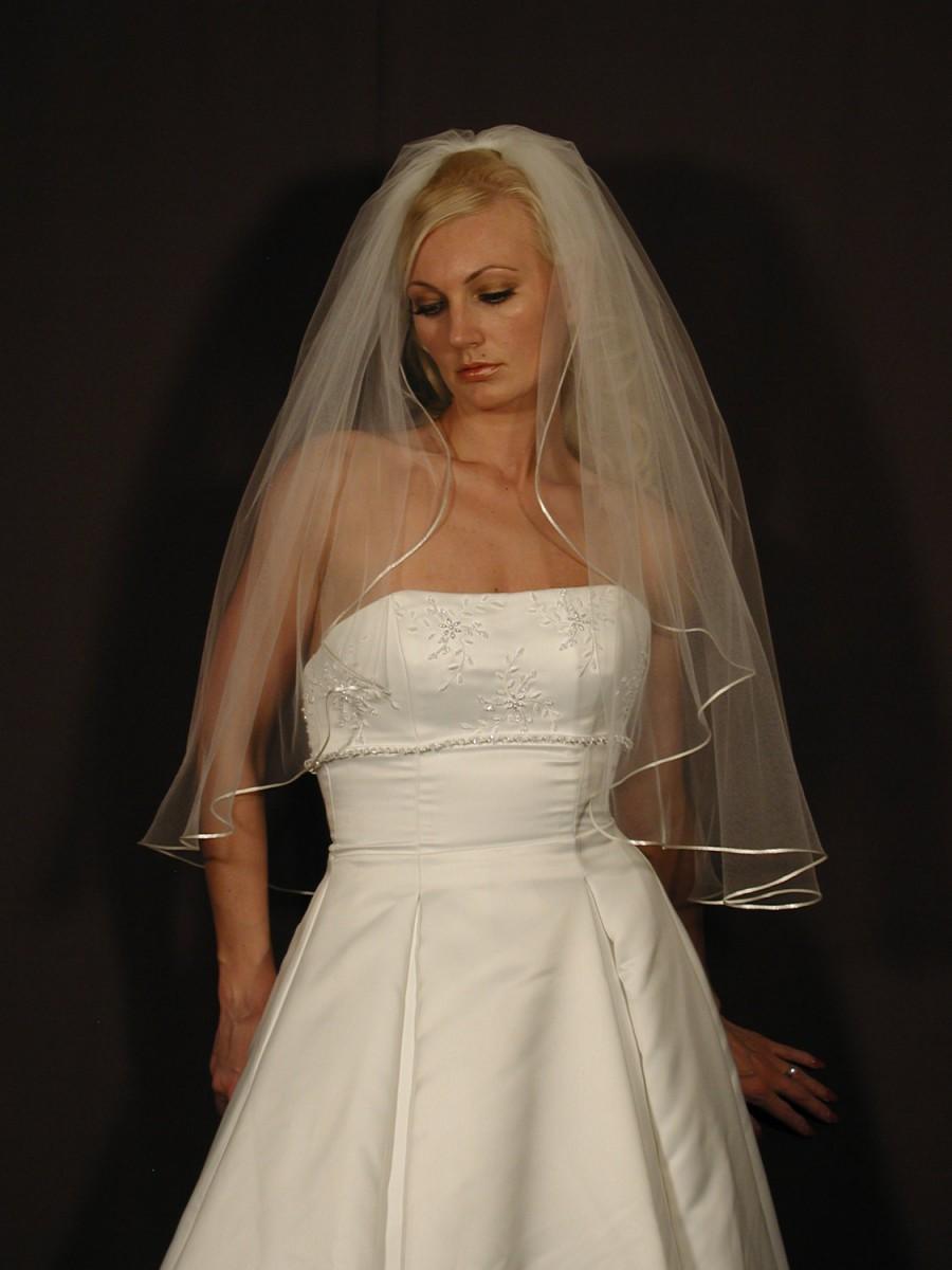 Hochzeit - wedding veil 34" long - past elbow length with satin ribbon corded 1/8" - rattial ribbon wedding veil