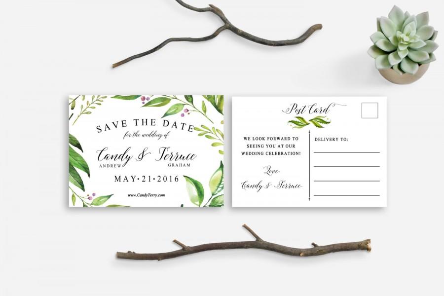 Свадьба - Save the date postcard printable,  Save the date Leaves green wreath watercolor, Green leaves nature save the date, The Amy collection