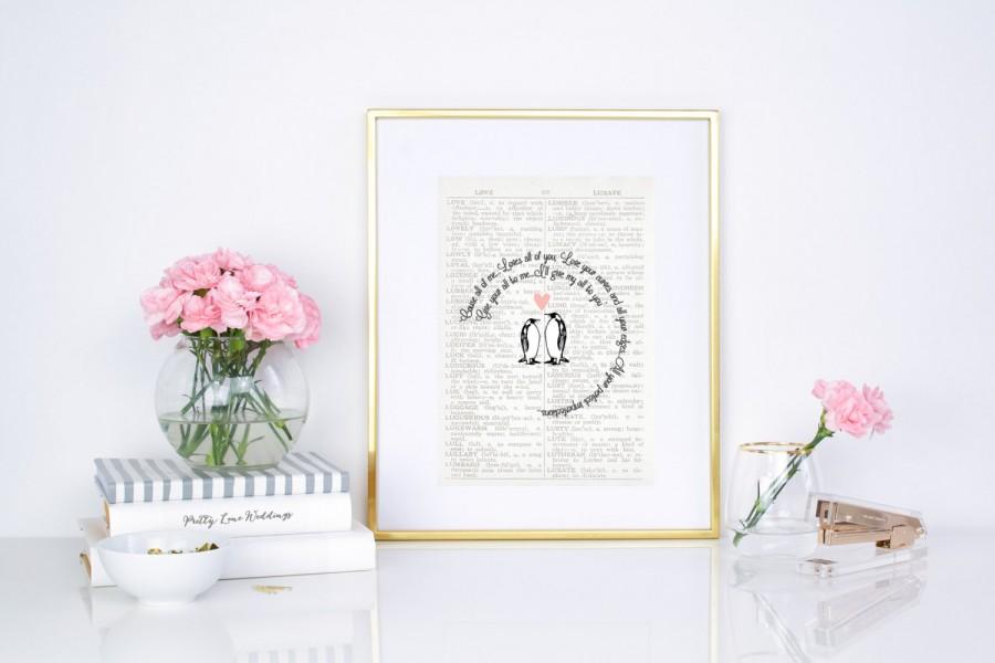 Mariage - John Legend - all of me  - penguin - love dictionary print - digital file artwork only - love gift - wedding first dance paper christmas