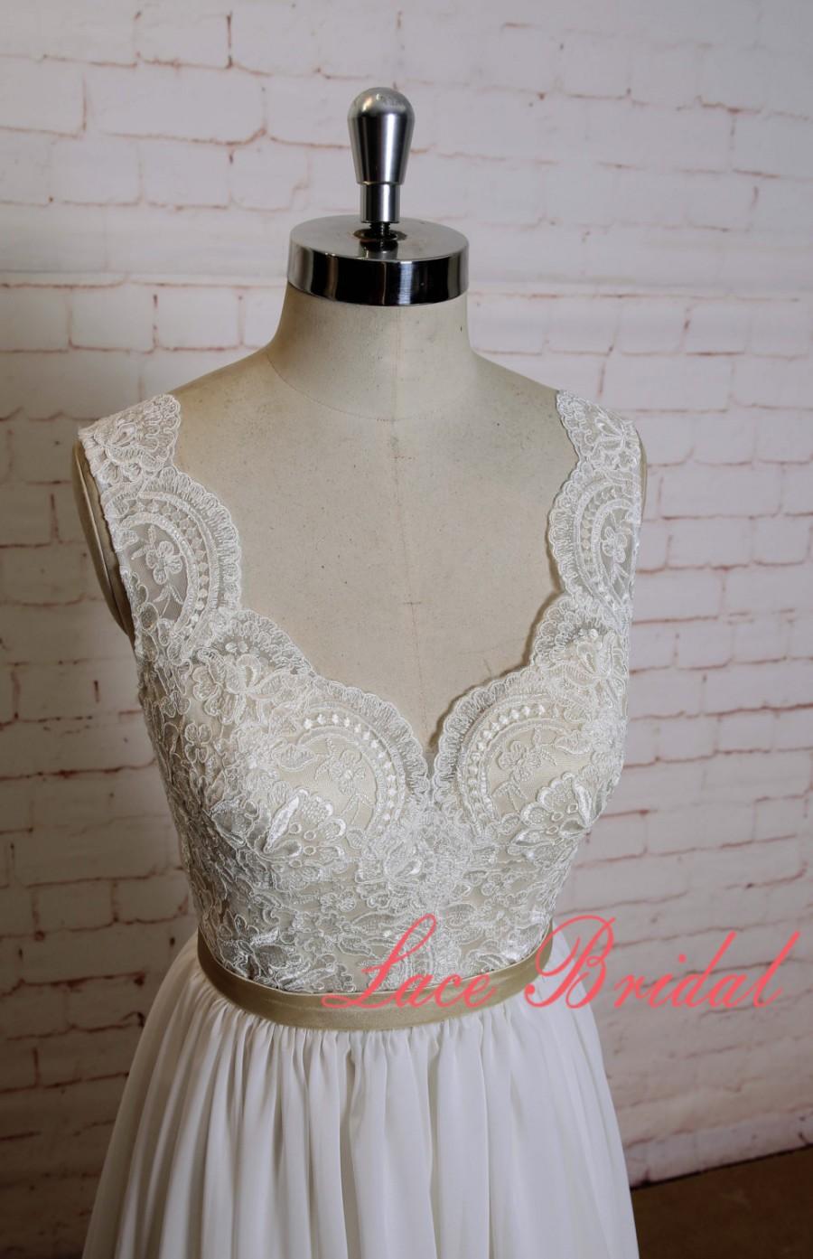 Hochzeit - Gorgeous Lace Wedding Dress with Champagne Underlay Sexy V Back Bridal Gown with Plain Chiffon Skirt