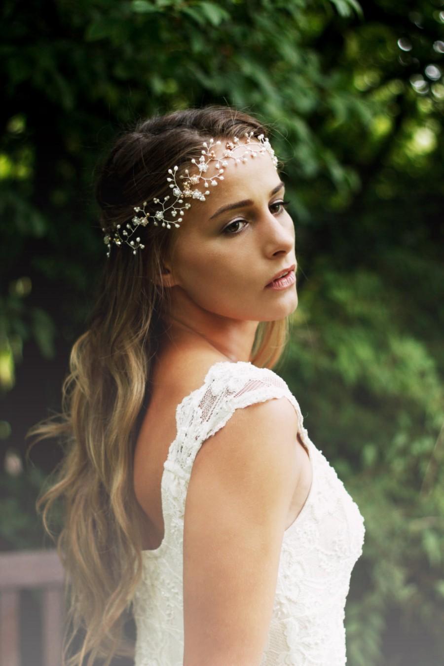 Hochzeit - Bridal hair vine, pearl and Swarovski crystal floral boho halo, boho flower crown, rose gold bride headdress, blush peach pink pearl vine