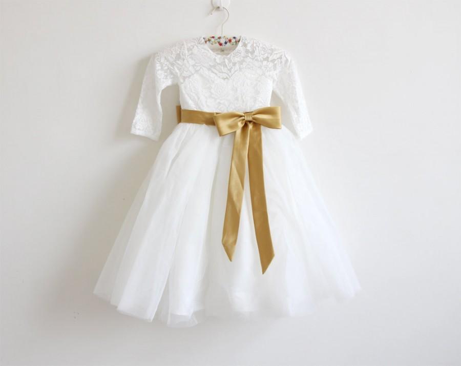 Hochzeit - Long Sleeves Light Ivory Flower Girl Dress Lace Tulle Flower Girl Dress With Gold Sash/Bows Floor-length