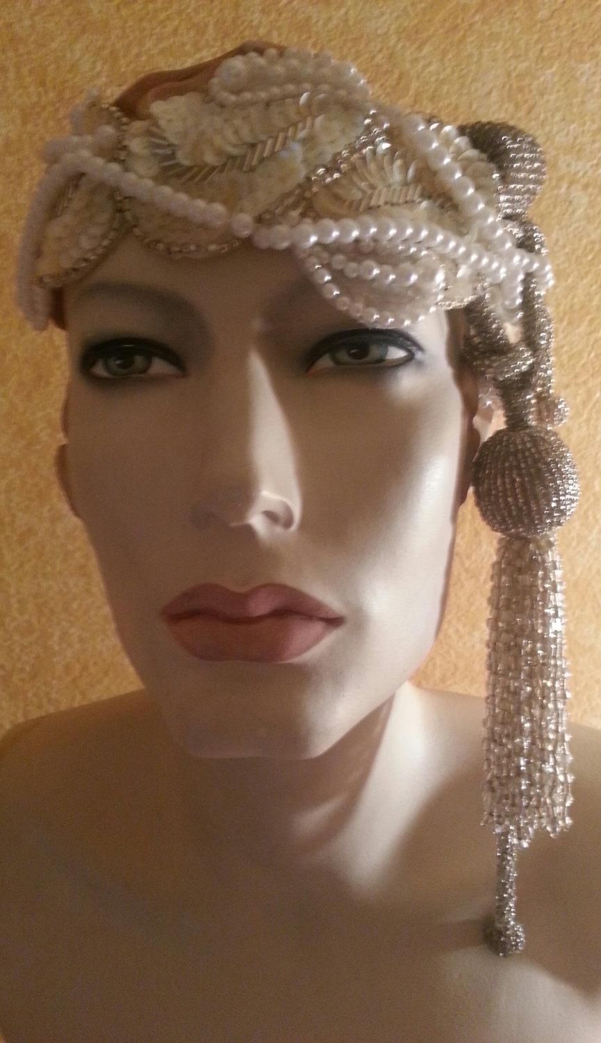 Hochzeit - Vintage Inspired Ivory Silver Beaded Applique Sequin Pearl Waterfall Fringe Headpiece Headband Tiara Gatsby Victorian Costume Bridal Wedding
