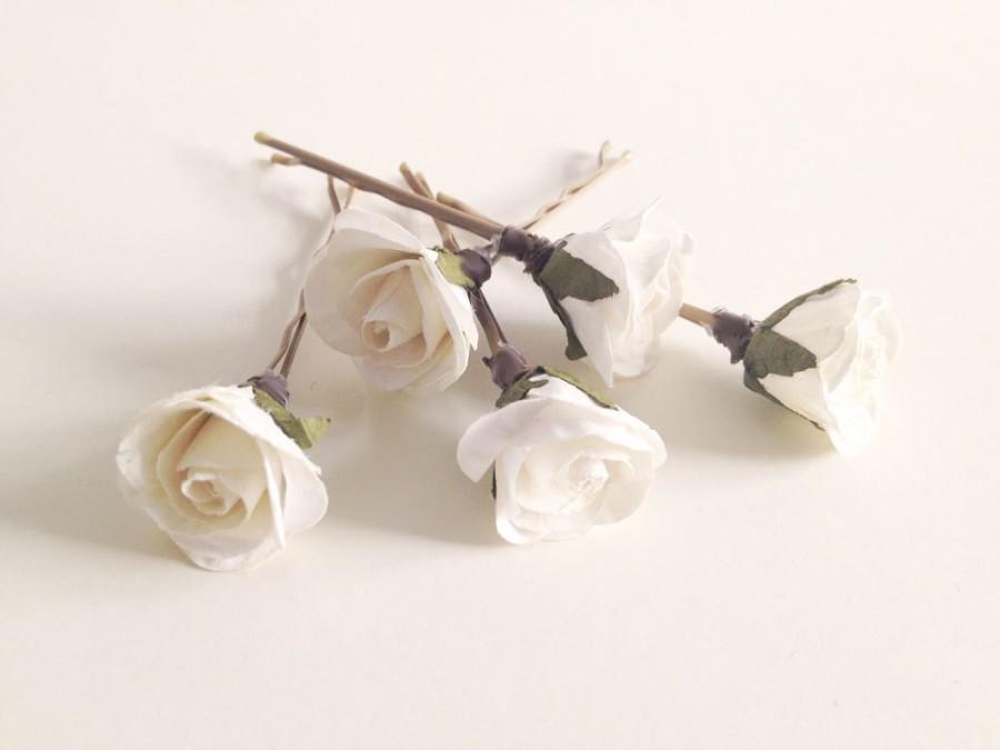 Wedding - Bridal hair clips, Ivory Rose pins, Wedding flower pins, Cream rose bobby pins - set of five