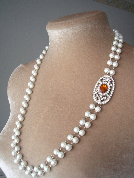 زفاف - Long Pearl Necklace, Bridal Statement Necklace, Citrine, Flapper Necklace, Great Gatsby, Pearl Necklace, Bridal Necklace, 1920s, Art Deco