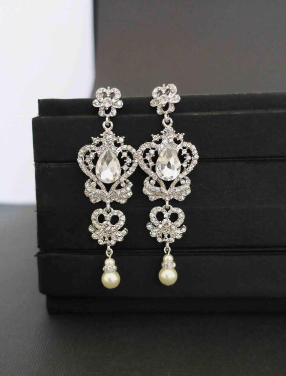 Wedding - Bridal Earrings Vintage, Chandelier Wedding Earrings, Bridal Crystal Earrings Art Deco Bridal Statement Earrings Wedding Jewelry Long Dangle
