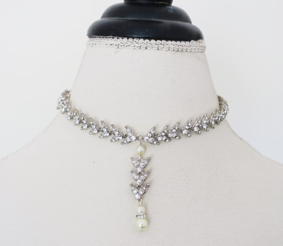 Свадьба - Bridal Art Deco Necklace, Wedding Choker, Rhinestone Bridal Necklace, Y Necklace Silver, Pearl Drop, Bridesmaid Necklace Wedding Jewelry ADA