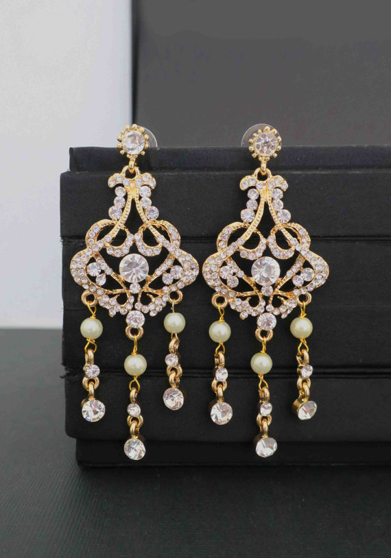 زفاف - Gold Wedding Earrings Bridal Chandelier Earrings Gold Chandelier Earrings Bridal Statement Earrings Wedding Jewelry Vintage Art Deco Crystal