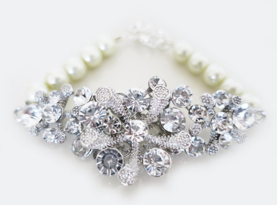 زفاف - Bridal Bracelet, Crystal Wedding Bracelet, Bridal Statement Bracelet Pearl Rhinestone Wedding Jewelry, Summer Bride, MARIN