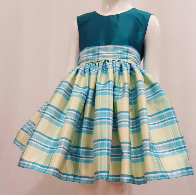 Hochzeit - Yellow Light Blue plaid silk girl Dress, Green Top