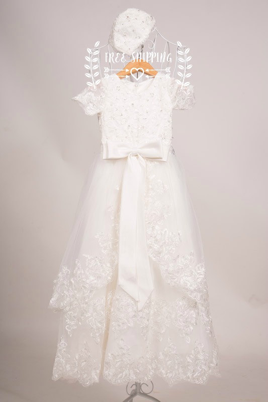 زفاف - Gorgeous White Ivory lace teared Flowergirl dress Christening Gown Baptism Gown Dress with matching Hat