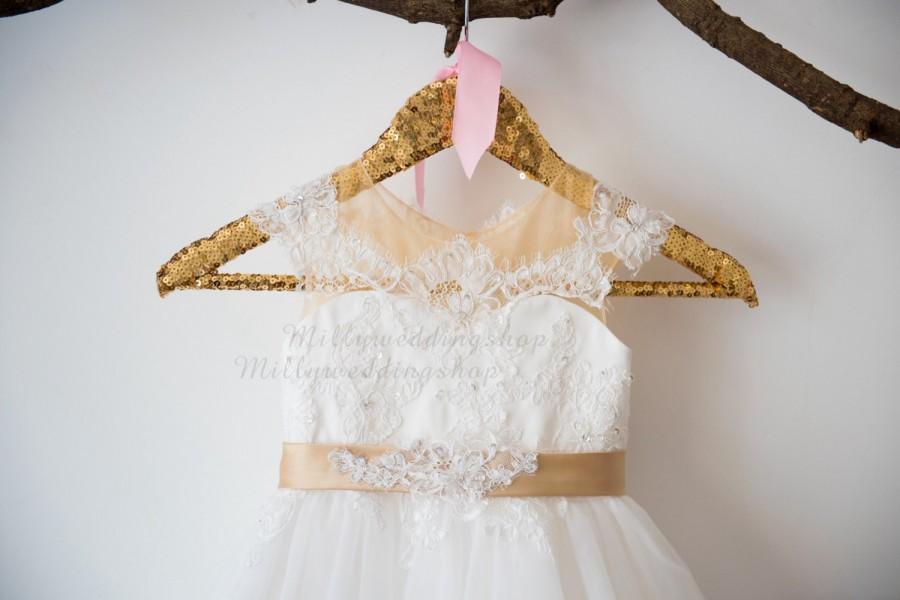 Wedding - Cap Sleeves Beaded Lace Tulle  Flower Girl Dress Wedding Bridesmaid Dress with Champagne Belt Bow M0042