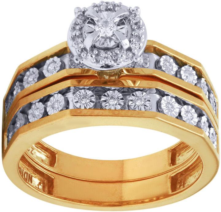 Hochzeit - FINE JEWELRY Womens 1/7 CT. T.W. White Diamond 10K Gold Bridal Set