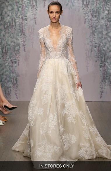 زفاف - Women's Monique Lhuillier 'Winslet' Plunging V-Neck Organza & Lace Ballgown Dress