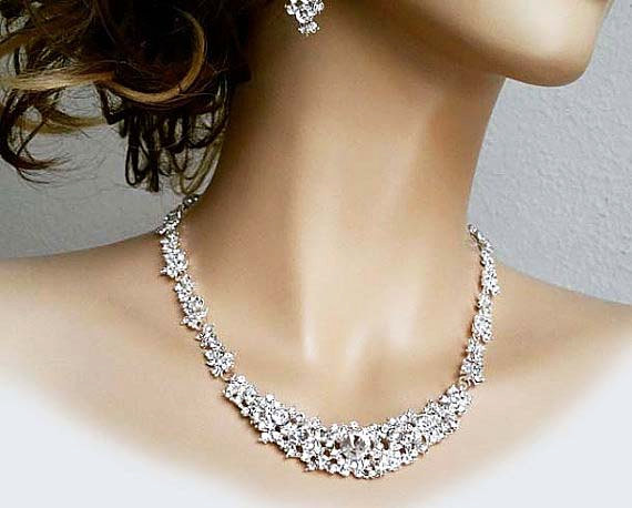 Hochzeit - Bridal Jewellery Set Pearl Rhinestone Necklace Long Earrings, Bridal Jewelry Set Statement Wedding Pearl Crystal Bridal Jewlery Set