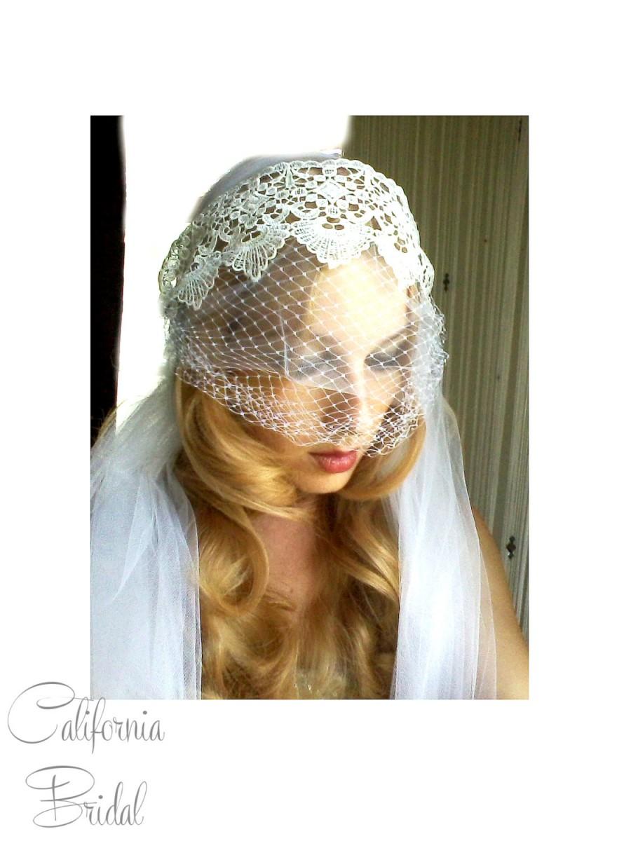 Mariage - Venise Lace birdcage Juliet Cap Veil -- Vintage Inspired 1 Tier 1t veil wedding Bridal length veil 1930's 1920's gatsby wedding