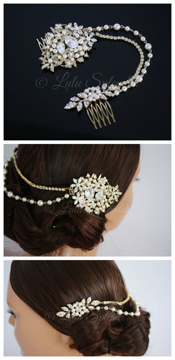Mariage - Gold Wedding Headpiece Bridal Hair Chain Bridal Hair Accessory Beaded Hair Piece Swarovski Crystal Pearl AMBRIA HP