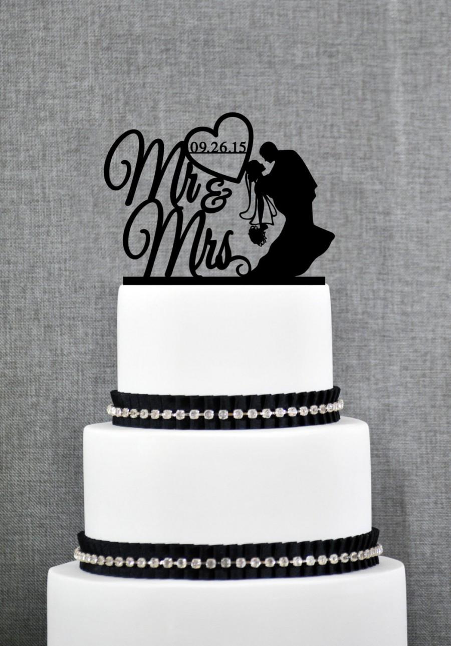 زفاف - Mr and Mrs Silhouette Couple with DATE Wedding Cake Topper, Classic Wedding Cake Topper, Elegant Custom Wedding Cake Topper- (S227)