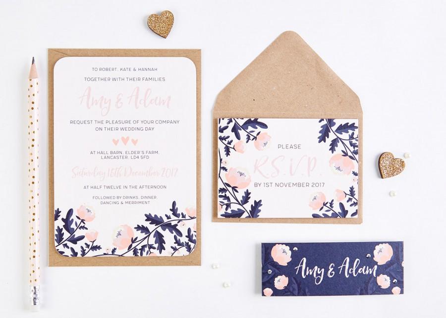 Hochzeit - Blush and Navy Floral Wedding Invitation Bundle
