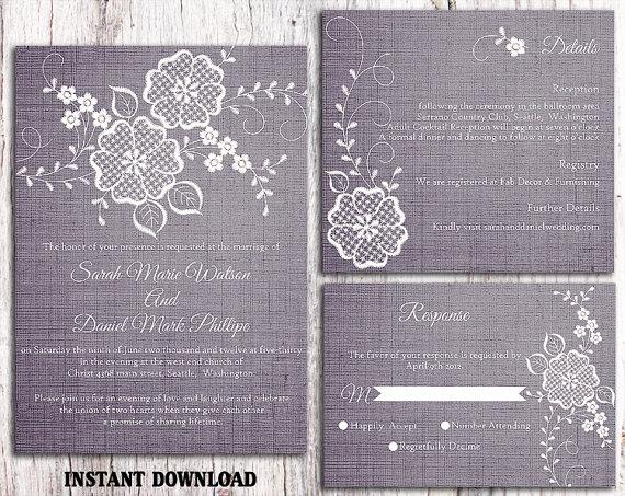 Hochzeit - DIY Lace Wedding Invitation Template Set Editable Word File Download Printable Rustic Wedding Invitation Vintage Floral Blue Invitation