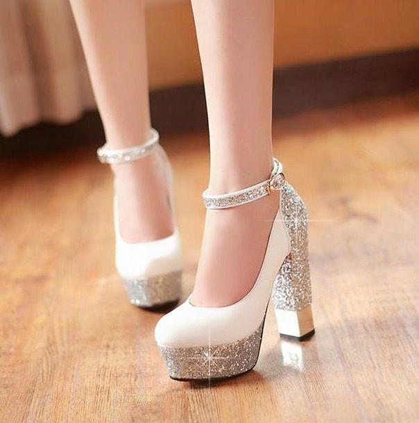زفاف - High-heeled Shoes Sparkle Bling Wedding Shoes For Women With High Platform And Ankle Strap