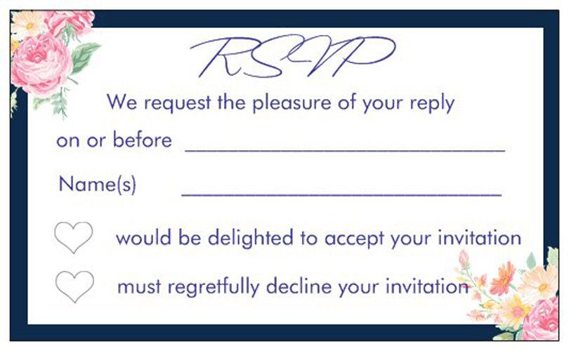 زفاف - 10 RSVP REPLY CARDS Navy blue flowers vintage floral white print text for including with wedding invitations