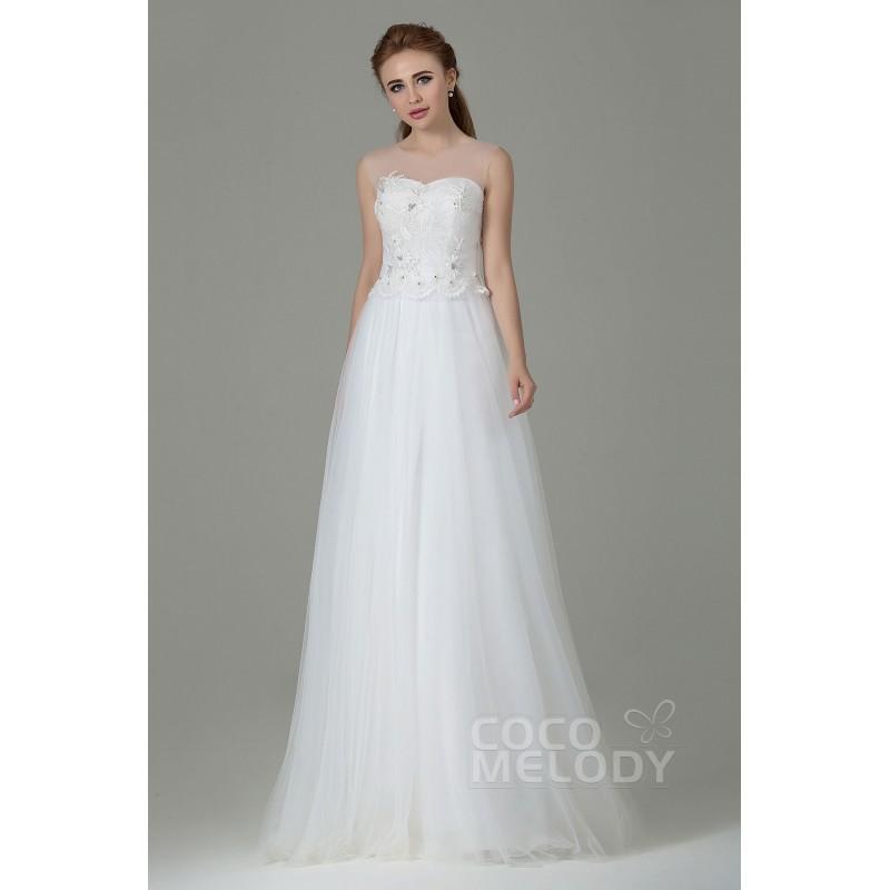زفاف - Pretty Sheath-Column Illusion Natural Floor Length Tulle Ivory Sleeveless Zipper Wedding Dress with Embroidery and Beading - Top Designer Wedding Online-Shop