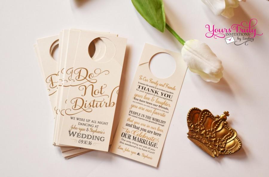 Hochzeit - Custom do not disturb door hanger for a wedding or hotel guest gift bag shown in gold