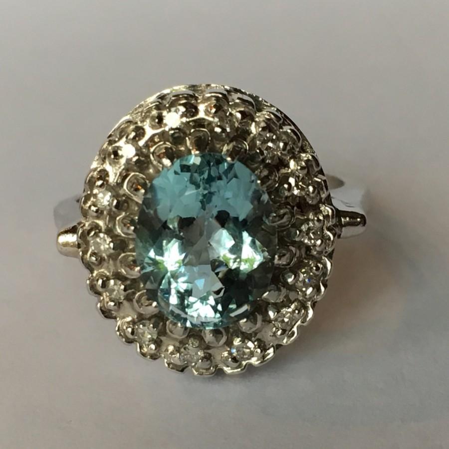 Wedding - Vintage Aquamarine and Diamond Halo Ring. 14k White Gold. Unique Engagement Ring. March Birthstone. 19th Anniversary. Estate Jewelry.