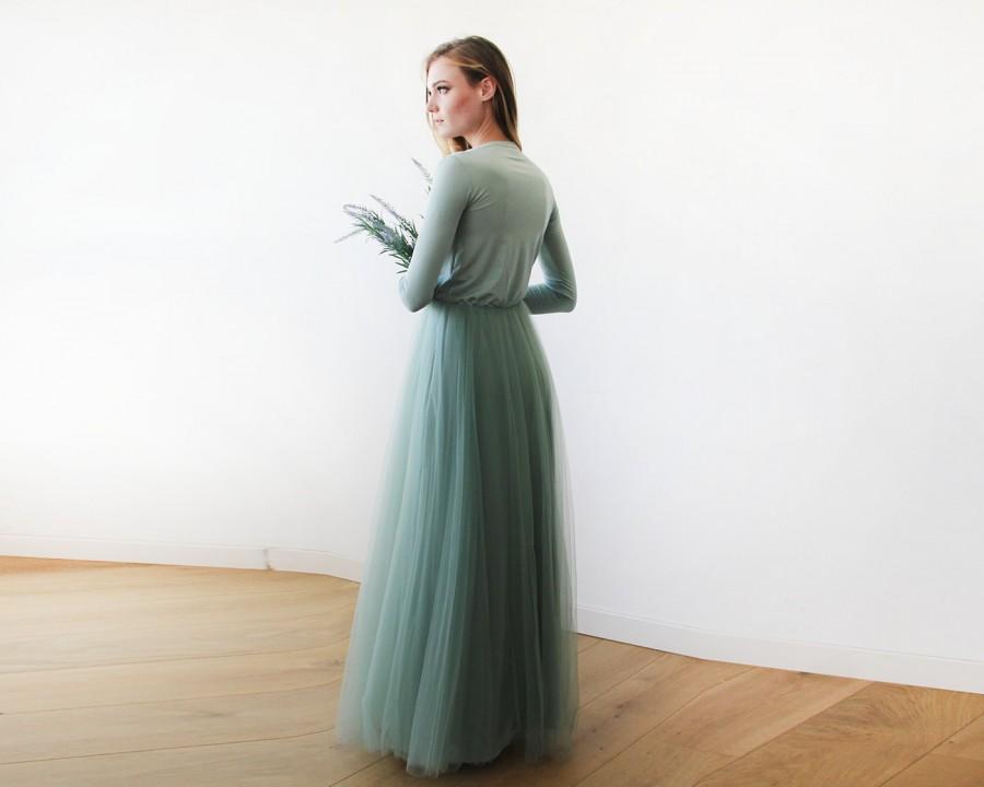Hochzeit - Sage green maxi length tulle gown with long sleeves , Green sage bridesmaids tulle gown 1066