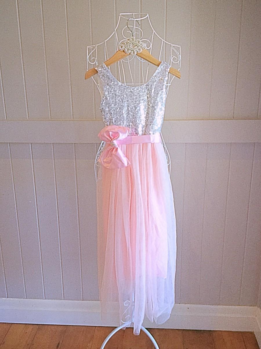 Hochzeit - Flowergirl silver sequin sleeveless bodice dress with Pink a Tulle long length sash can be customised to suit your colour theme