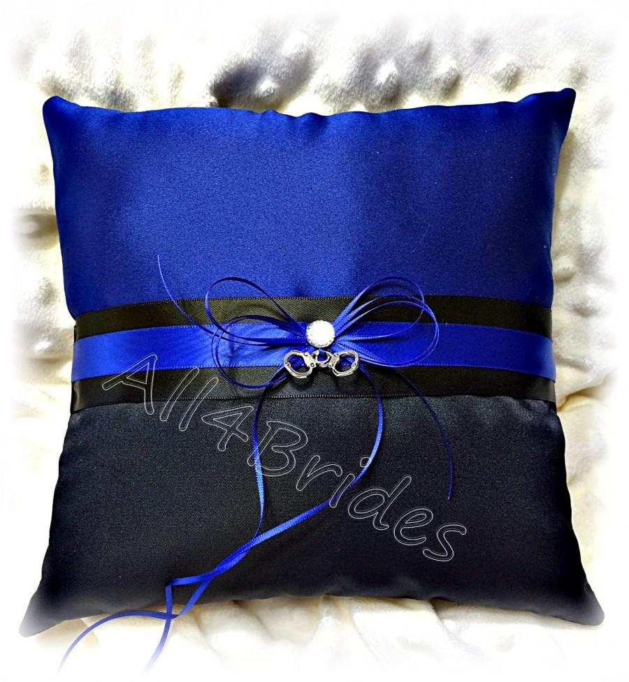Wedding - Thin blue line police wedding ring pillow with handcuff charms, royal blue and black wedding ring bearer cushion