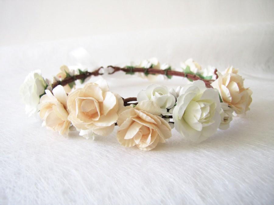 Wedding - Champagne Color Wedding Floral Crown, Wedding Flower Headband, Floral Head Wreath, Bridesmaid Floral Crown, Flower Girl Floral Crown
