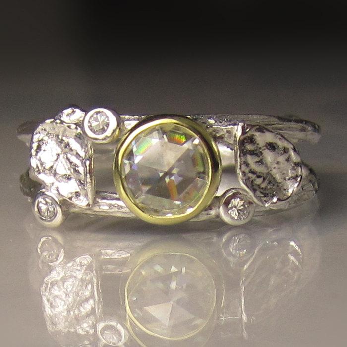Wedding - 20% OFF SALE - Rose Cut Moissanite Twig Ring, Moissanite Engagement Ring, Moissanite Twig and Leaf Ring