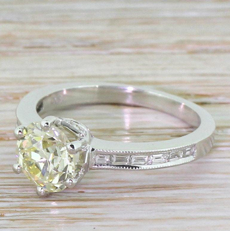 Hochzeit - 1.56 Carat Fancy Yellow Old Cut Diamond Engagement Ring, 18k White Gold