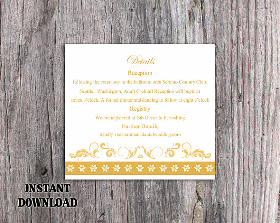 Wedding - DIY Wedding Details Card Template Editable Text Word File Download Printable Details Card Yellow Gold Details Card Elegant Enclosure Cards
