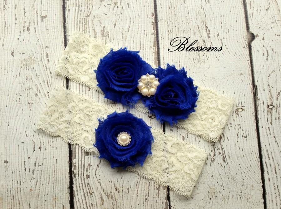 Hochzeit - Beautiful Bridal Garter Set - Ivory Keepsake & Toss Wedding Garter - Chiffon Flower Rhinestone Lace Garters - Something Blue - U Pick Color