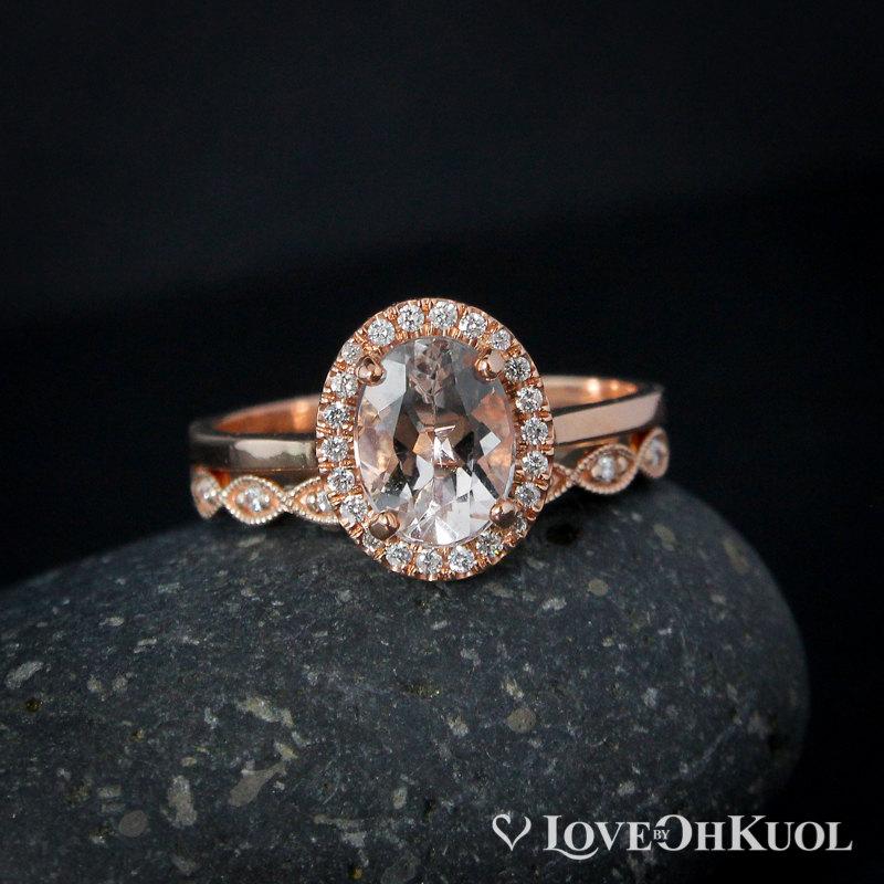 Mariage - Pink Morganite and Halo Diamond Ring – Engagement Ring Set – Vintage Milgrain Leaf Band