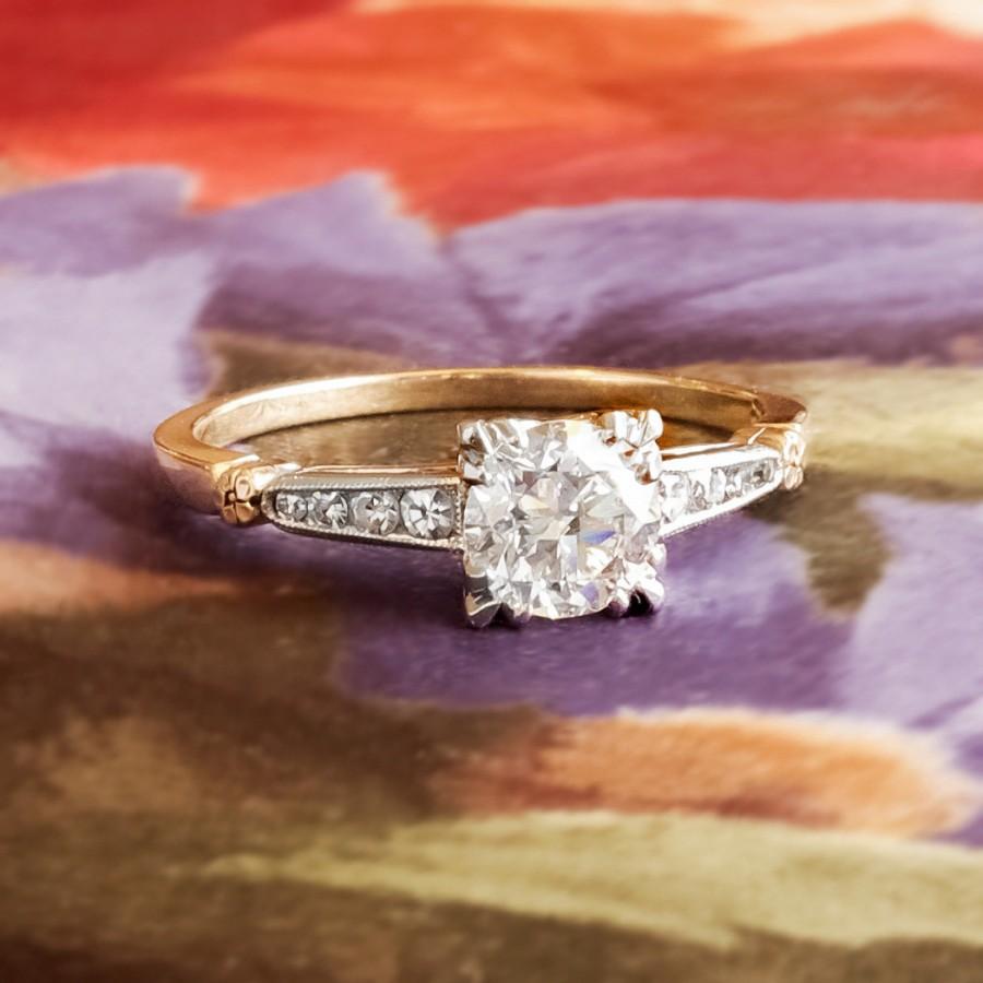 Wedding - Vintage Retro 1950's Old Transitional Cut Diamond Two Tone Engagement Wedding Anniversary Ring 14k Gold Platinum