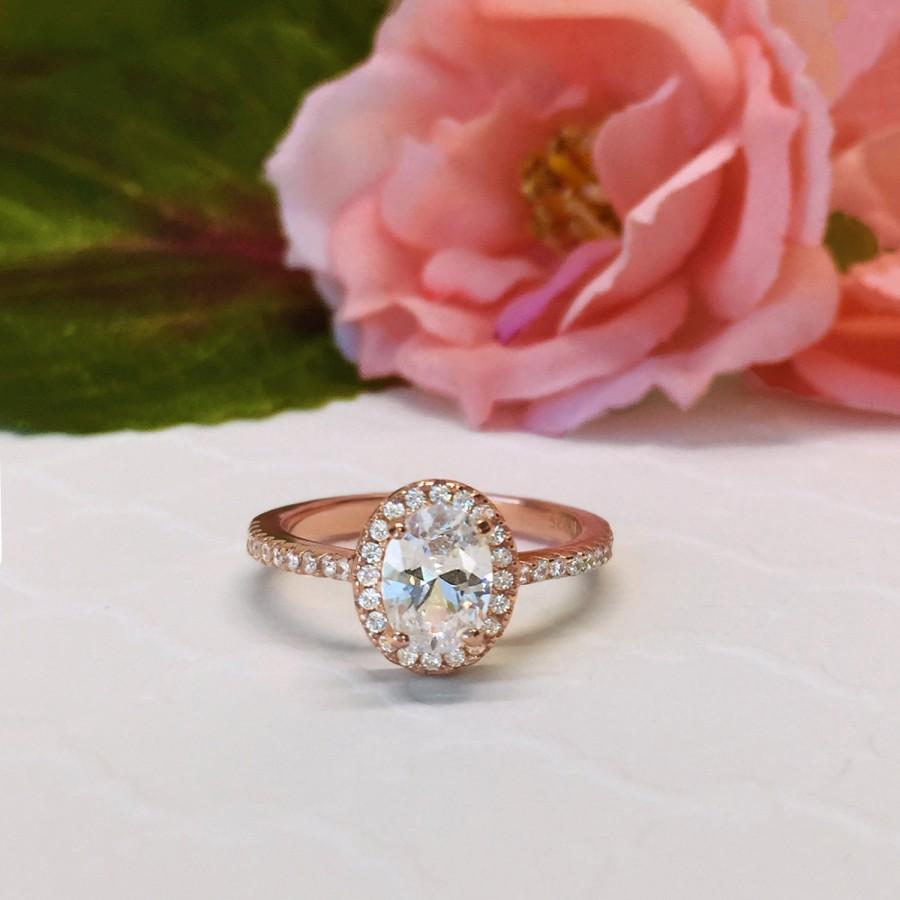 زفاف - 1 ctw, 3/4 ct Oval Halo Engagement Ring, Classic Halo Ring, Man Made Diamond Simulants, Wedding Ring, Sterling Silver, Rose Gold Plated