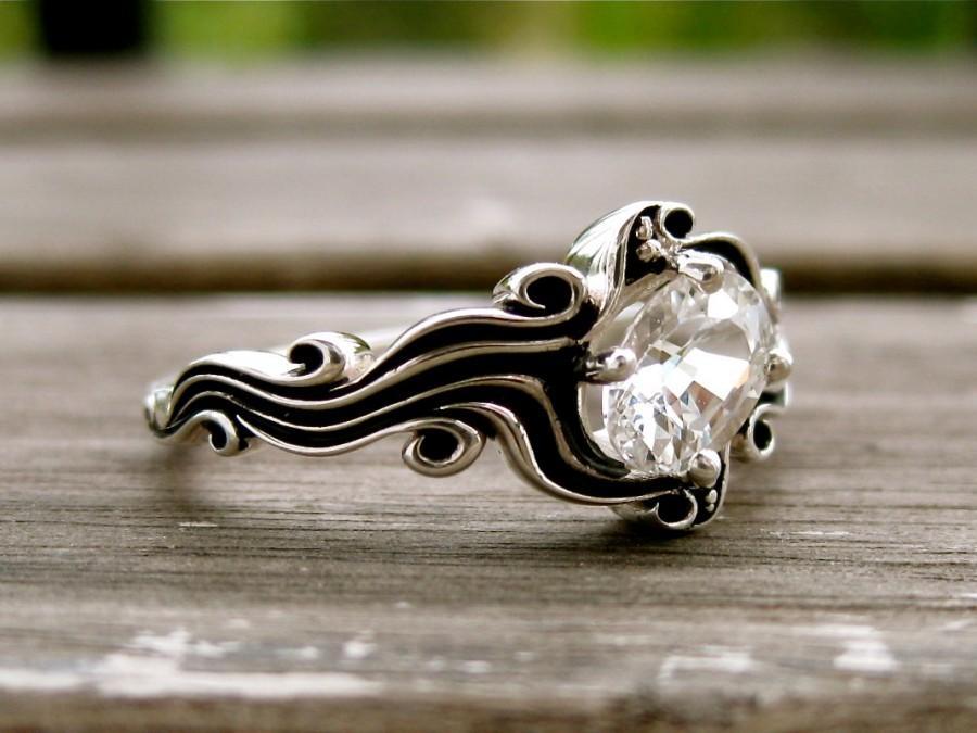 زفاف - White Sapphire Ring in Sterling Silver with Ocean Sea Surf Theme with Blackened Grooves Size 6.75