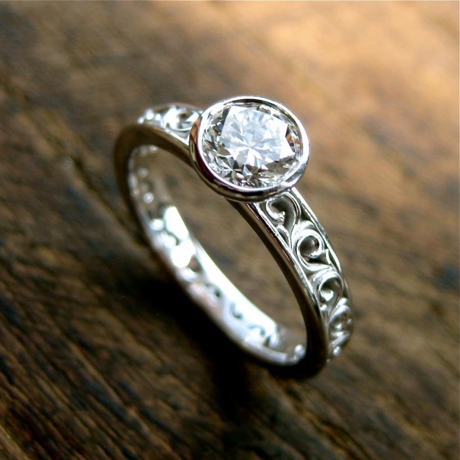 زفاف - Diamond Engagement Ring in 14K White Gold with Vintage Inspired Scroll Work Size 6