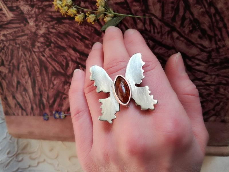 زفاف - Amber ring, Butterfly Ring, Natural amber, silver brass ring, bohemian ring, simple jewelry, artistic ring, hand made,adjustable ring