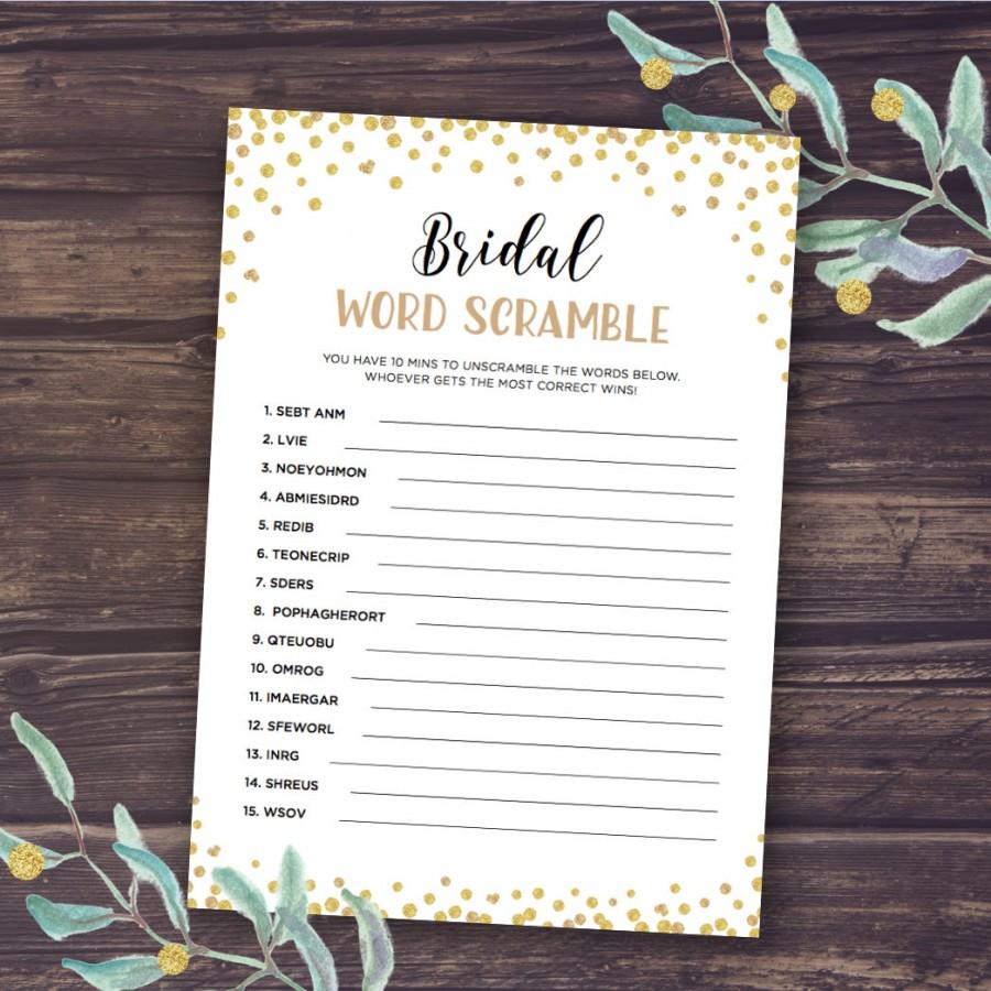 Hochzeit - Gold Bridal Shower Games, Word Scramble Instant Download, Wedding Shower, glitter confetti theme, Bachelorette Party Games, Word Search