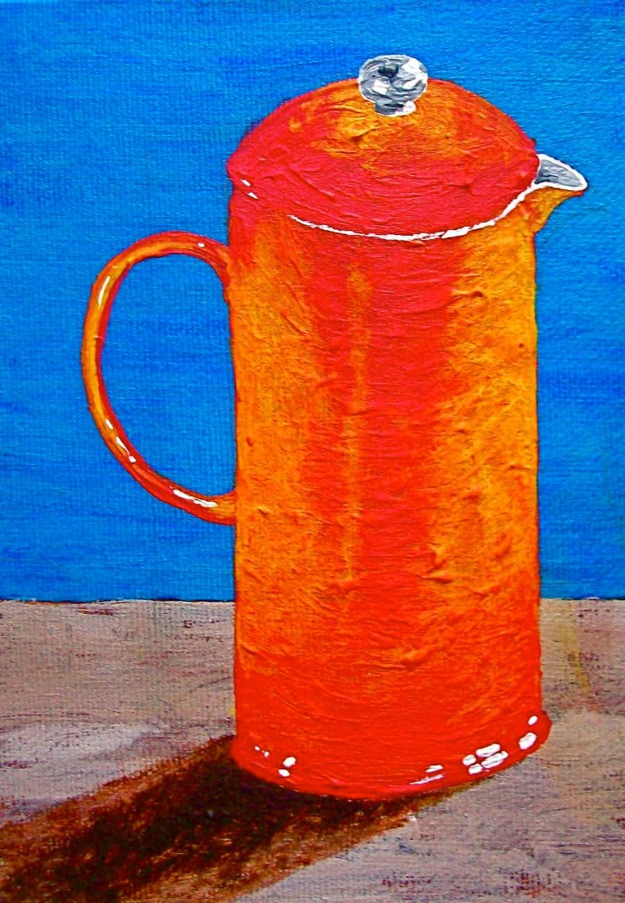 Wedding - Finished Brewing In the French Press (ORIGINAL ACRYLIC PAINTING) 5" x 7" by Mike Kraus