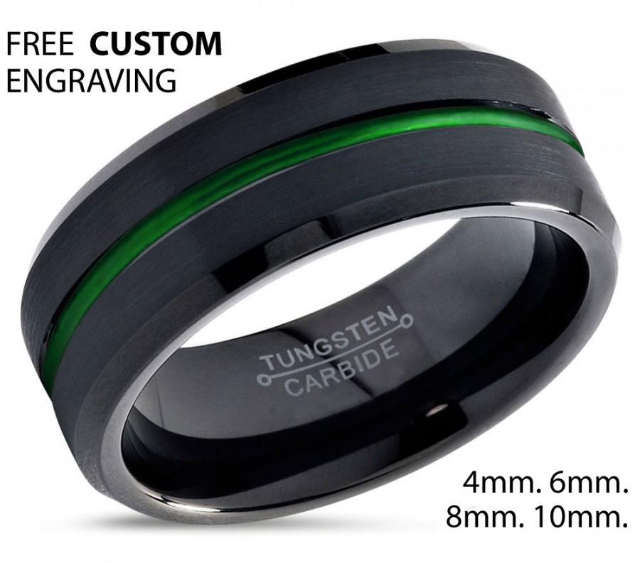 Wedding - Tungsten Ring Mens Black Green Wedding Band Tungsten Ring Tungsten Carbide 8mm Brushed Man Wedding Male Women Anniversary Matching