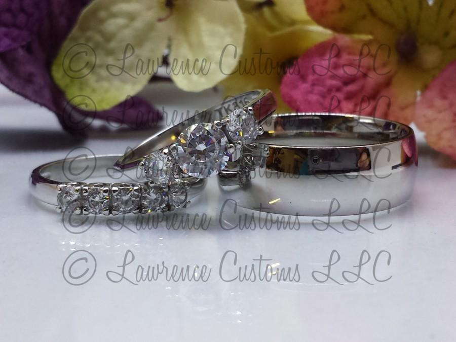 زفاف - Past Preset Future Ring, 3 Stone Engagement Ring, Wedding ring set his and Hers, 3 piece complete wedding ring set, Free inside Engraving!