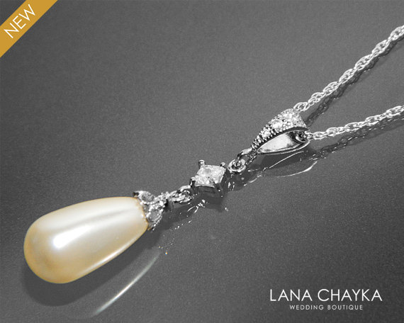 Свадьба - Teardrop Pearl Bridal Necklace Swarovski Ivory Pearl Sterling Silver Necklace Single Pearl Wedding Necklace Bridal Bridesmaid Pearl Jewelry