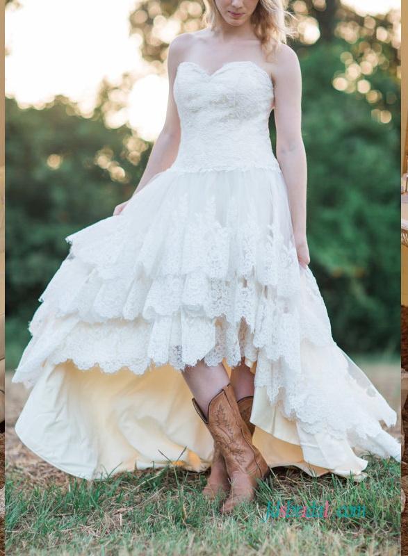 زفاف - Strapless bohemian high low wedding dress with tiered skirt