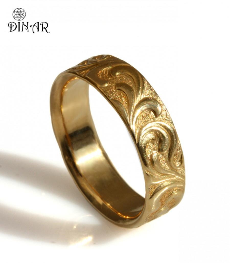 زفاف - Scrolls Wedding ring, Textured Vintage wide Wedding Band 14k Yellow Gold, Art Deco style, women's gold band , Hand engraved Paisley ring
